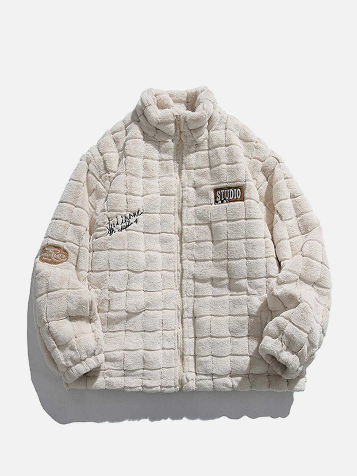 Y2K Plaid Embroidery Sherpa Coat - Cozy Grunge Winter Fashion for Aesthetic Outfits