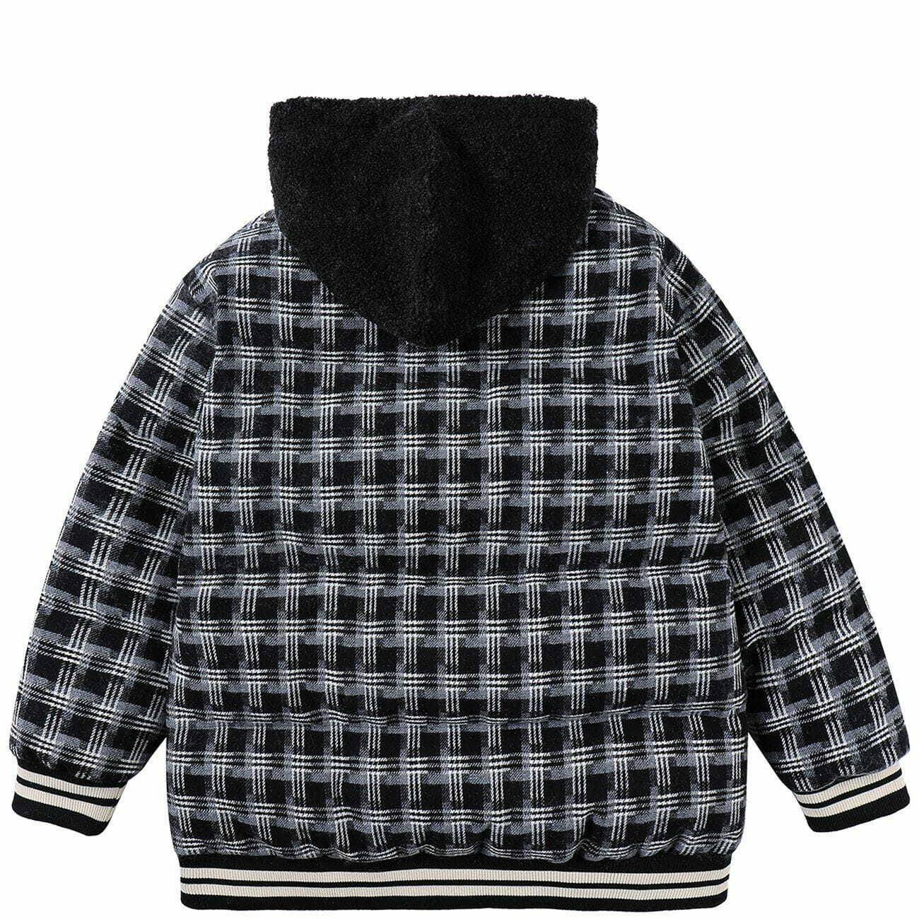 Y2K Plaid Patchwork Embroidery Hooded Winter Coat - Grunge Aesthetic Outerwear for Cozy Style