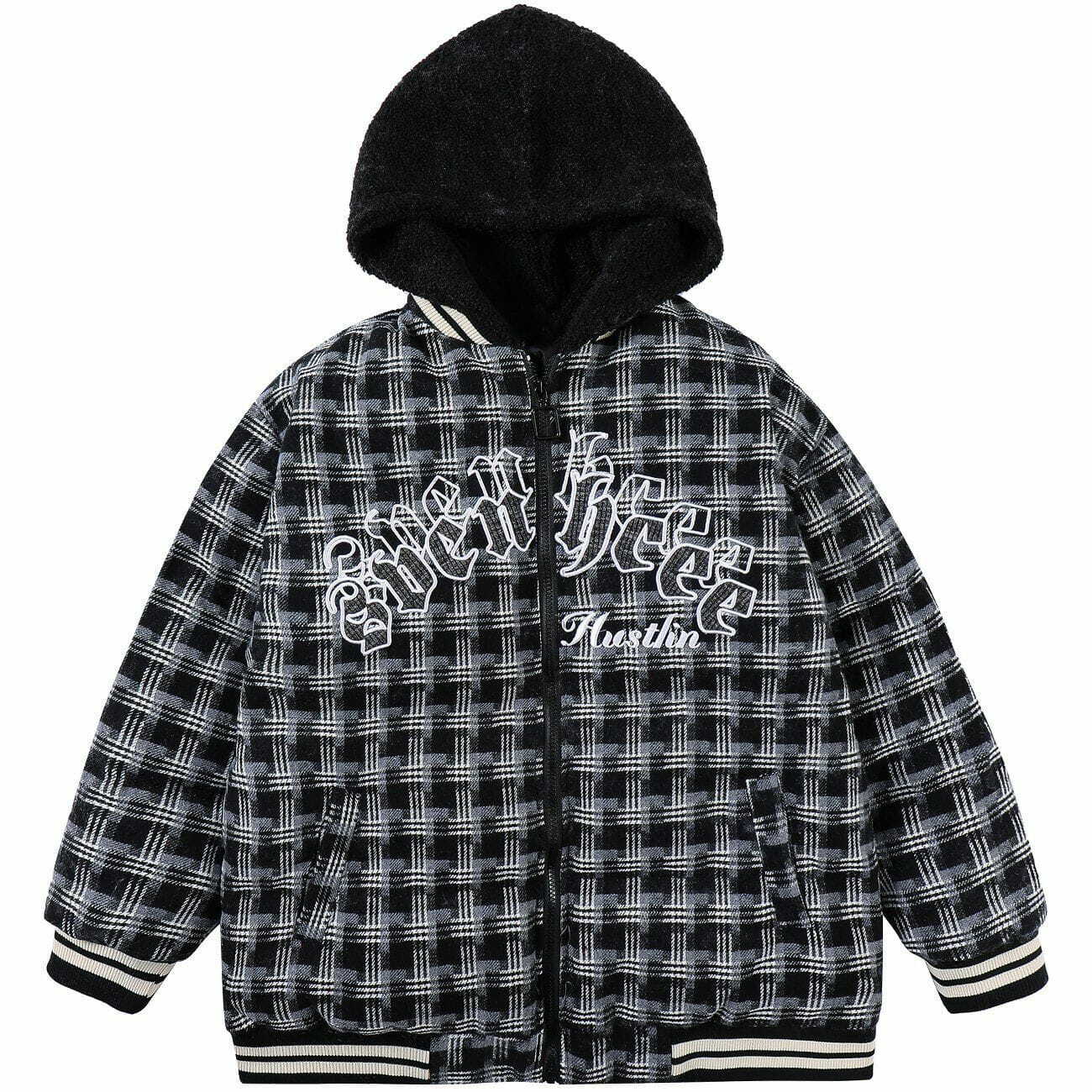 Y2K Plaid Patchwork Embroidery Hooded Winter Coat - Grunge Aesthetic Outerwear for Cozy Style