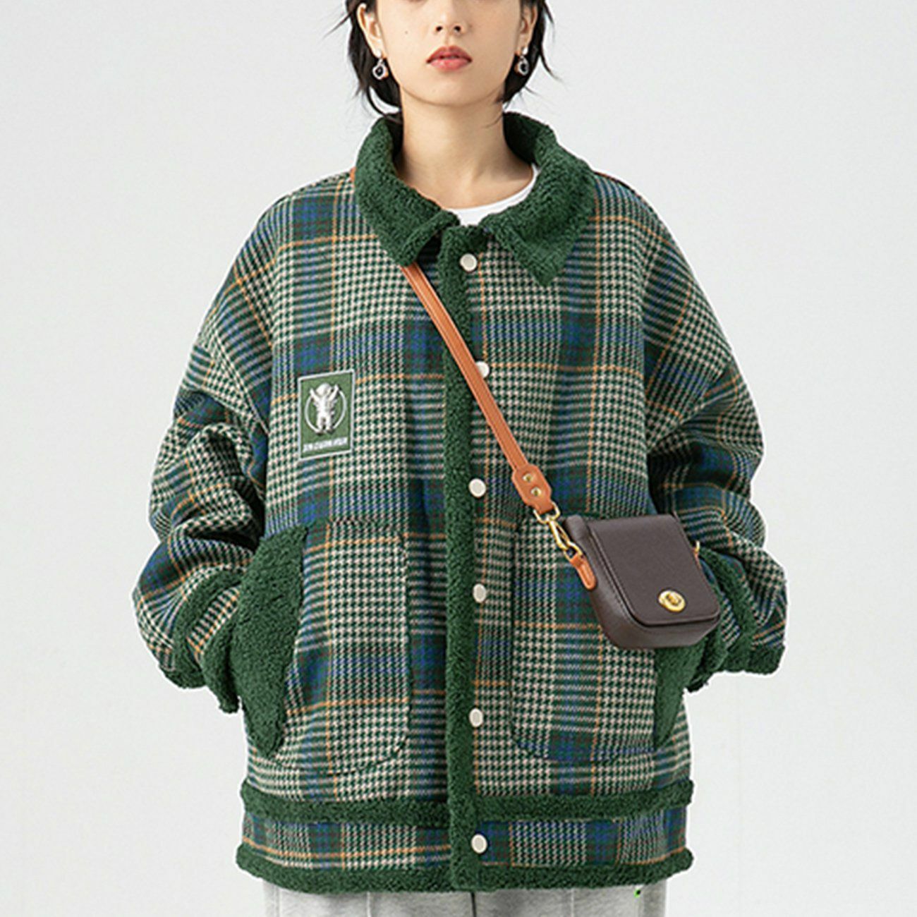 Y2K Plaid Sherpa Winter Coat - Cozy Grunge Style Outerwear for 2000s Fashion Lovers