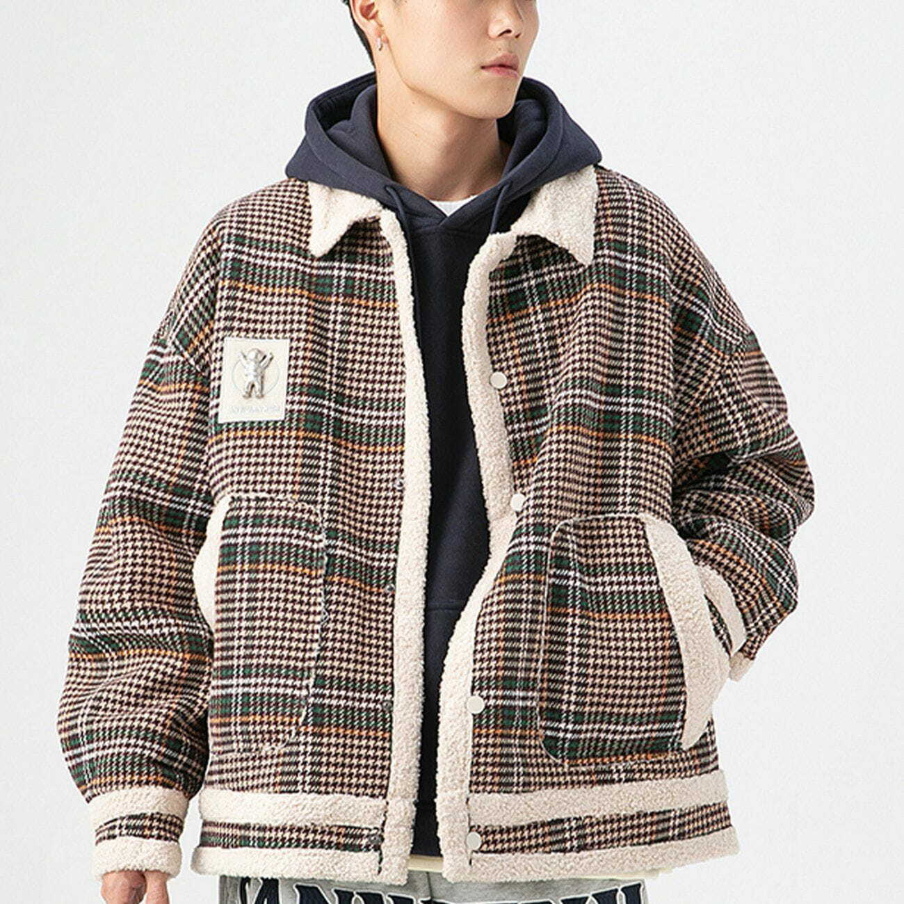 Y2K Plaid Sherpa Winter Coat - Cozy Grunge Style Outerwear for 2000s Fashion Lovers