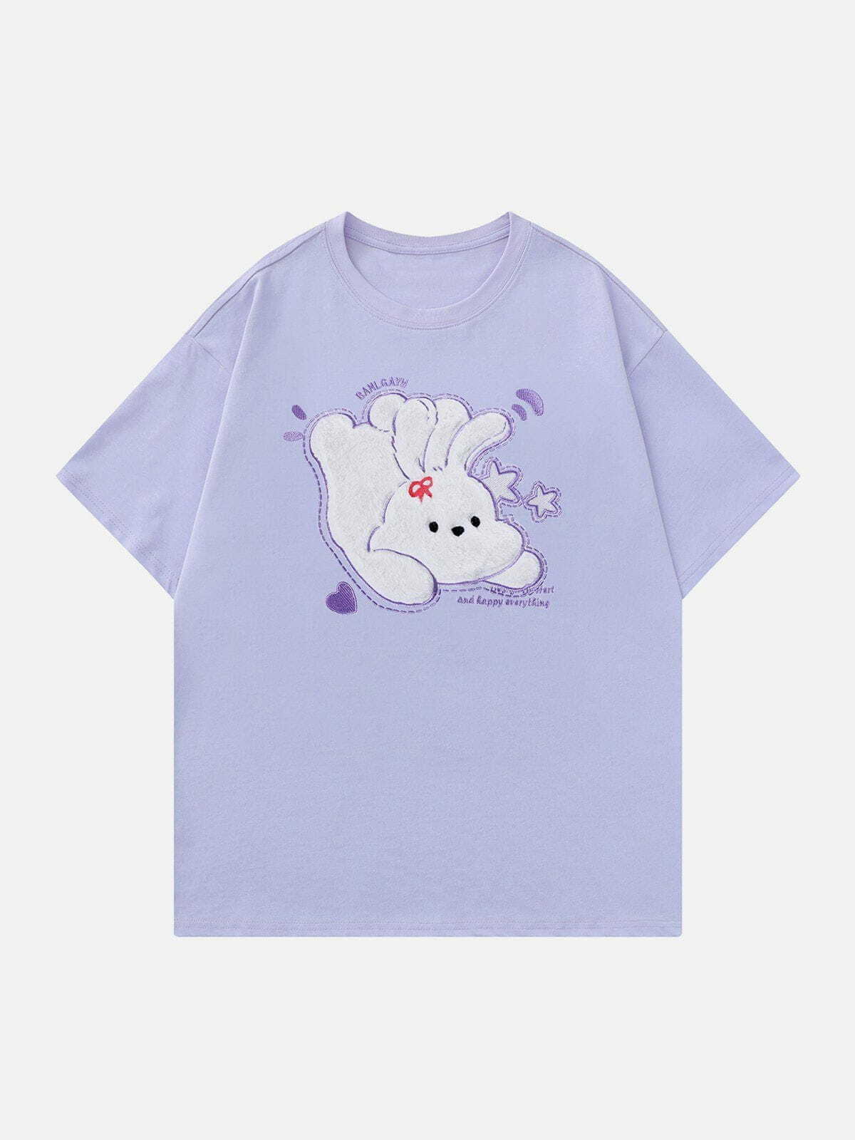 Y2K Plush Rabbit Embroidery Tee - Cute Grunge Aesthetic Top for Summer Outfits & 90s Style