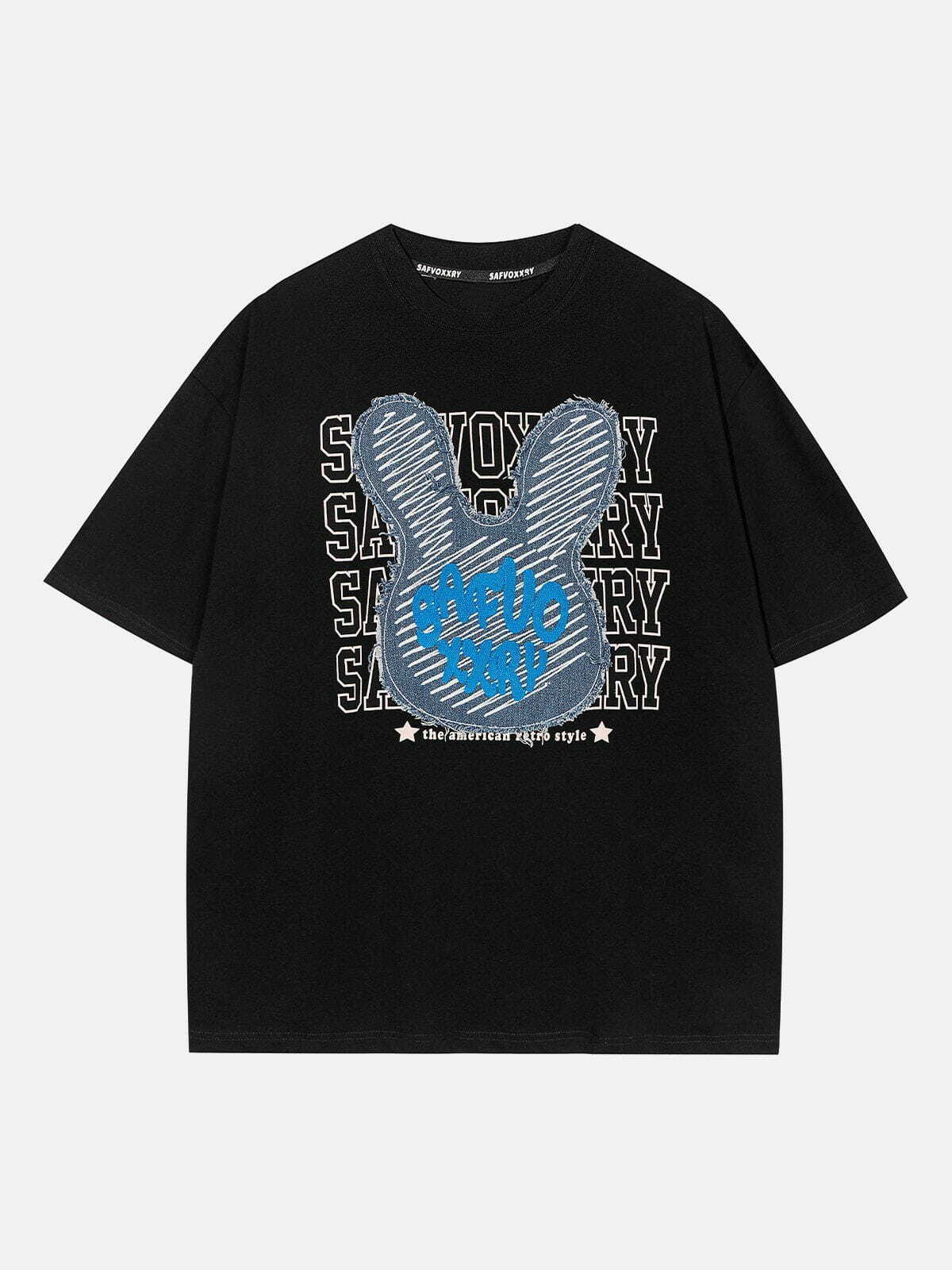 Y2K Rabbit Embroidery Print Tee - Cute Grunge Aesthetic Top for Summer Outfits & 90s Style