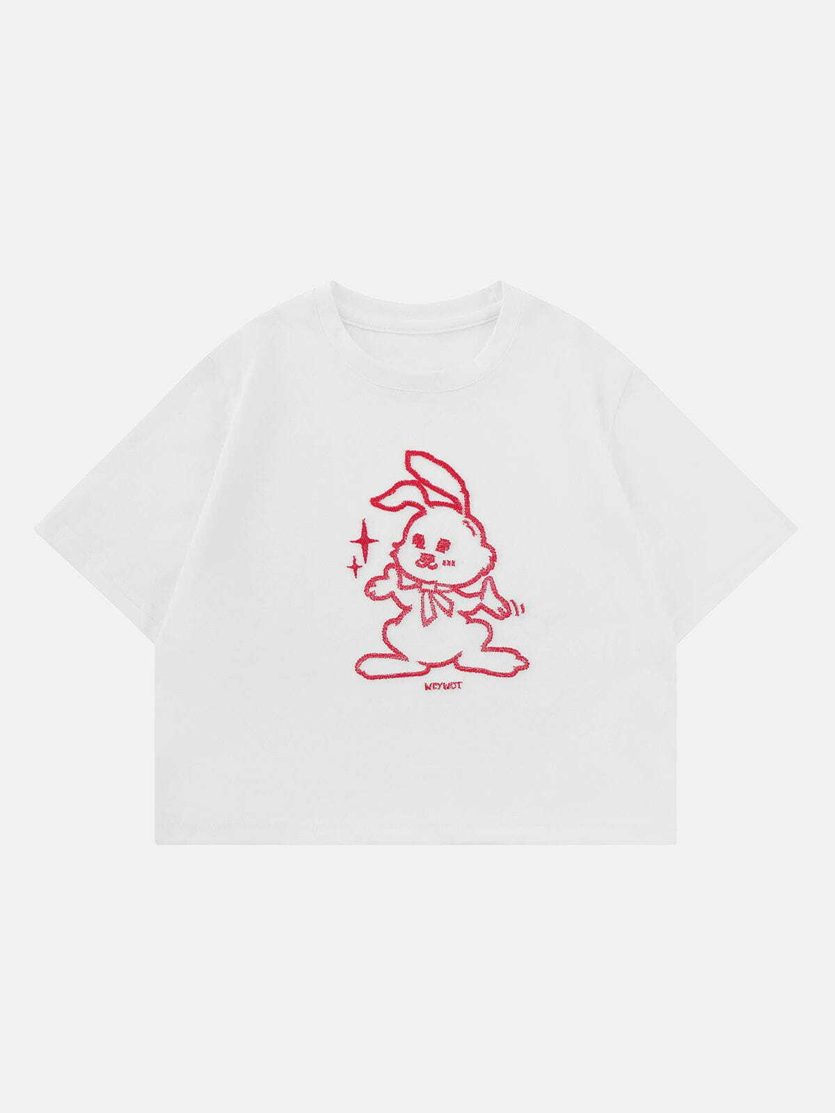 Y2K Rabbit Embroidery Tee - Cute Grunge Aesthetic Top for 2000s Fashion Lovers