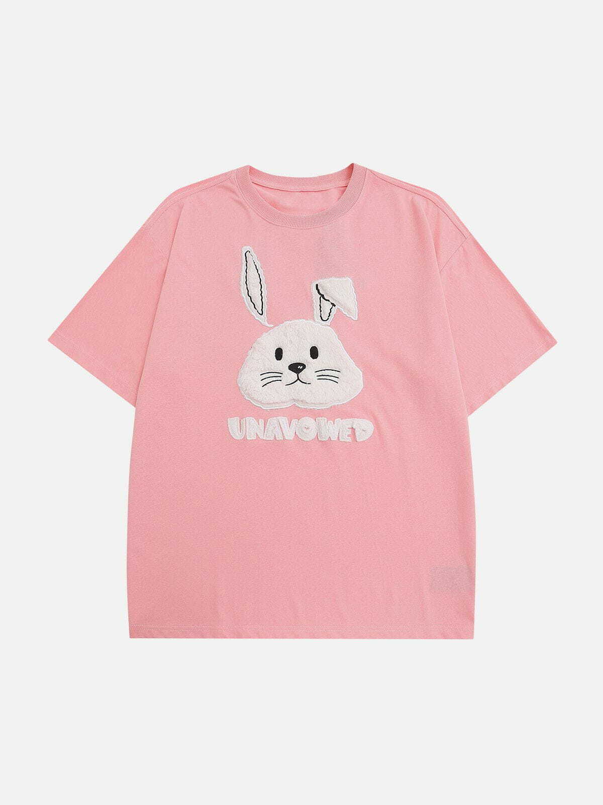 Y2K Rabbit Embroidery Tee - Vintage 90s Grunge Aesthetic Top for Summer Outfits & Casual Looks