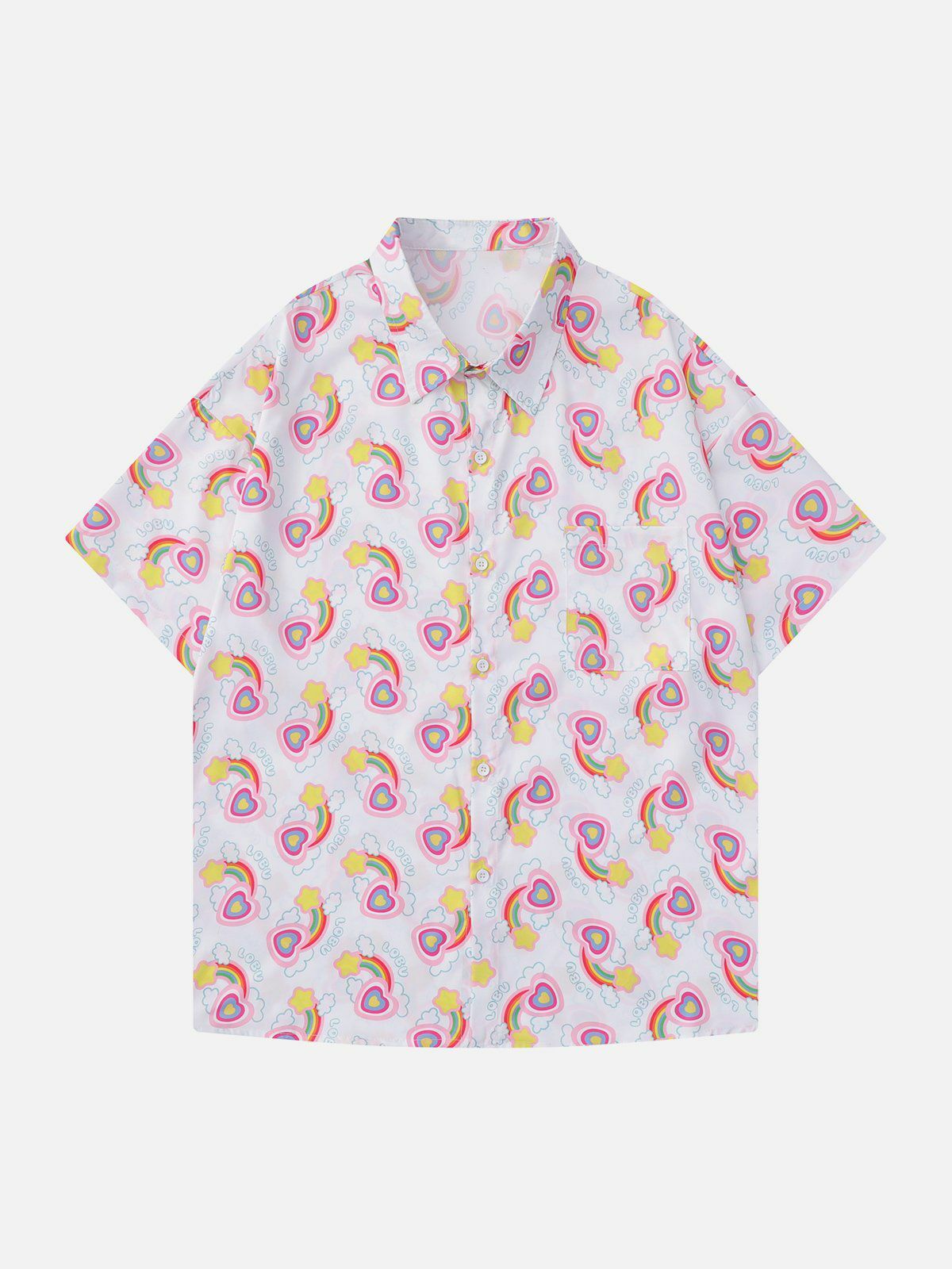 Y2K Rainbow Love Print Short Sleeve Shirt - Cute Summer Outfit for 90s Aesthetic Lovers