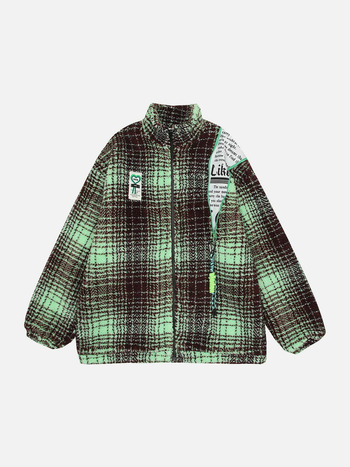 Y2K Retro Patchwork Plaid Sherpa Coat - Grunge Aesthetic Outerwear for 2000s Fashion Lovers