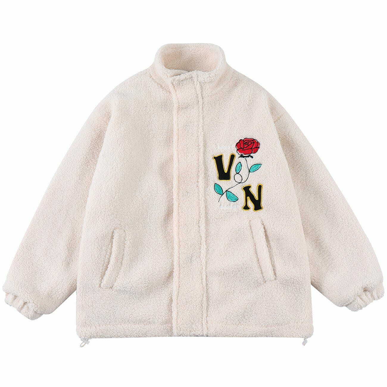 Y2K Rose Embroidered Sherpa Coat - Cozy Grunge Style for 2000s Fashion Lovers