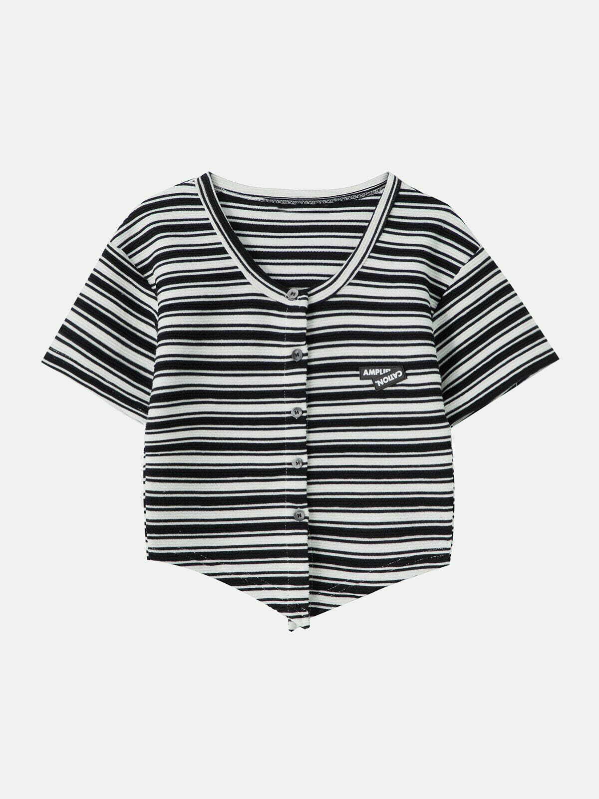 Y2K Rubber Stamp Stripe Print Tee - Vintage 90s Grunge Aesthetic Top for Trendy Outfits