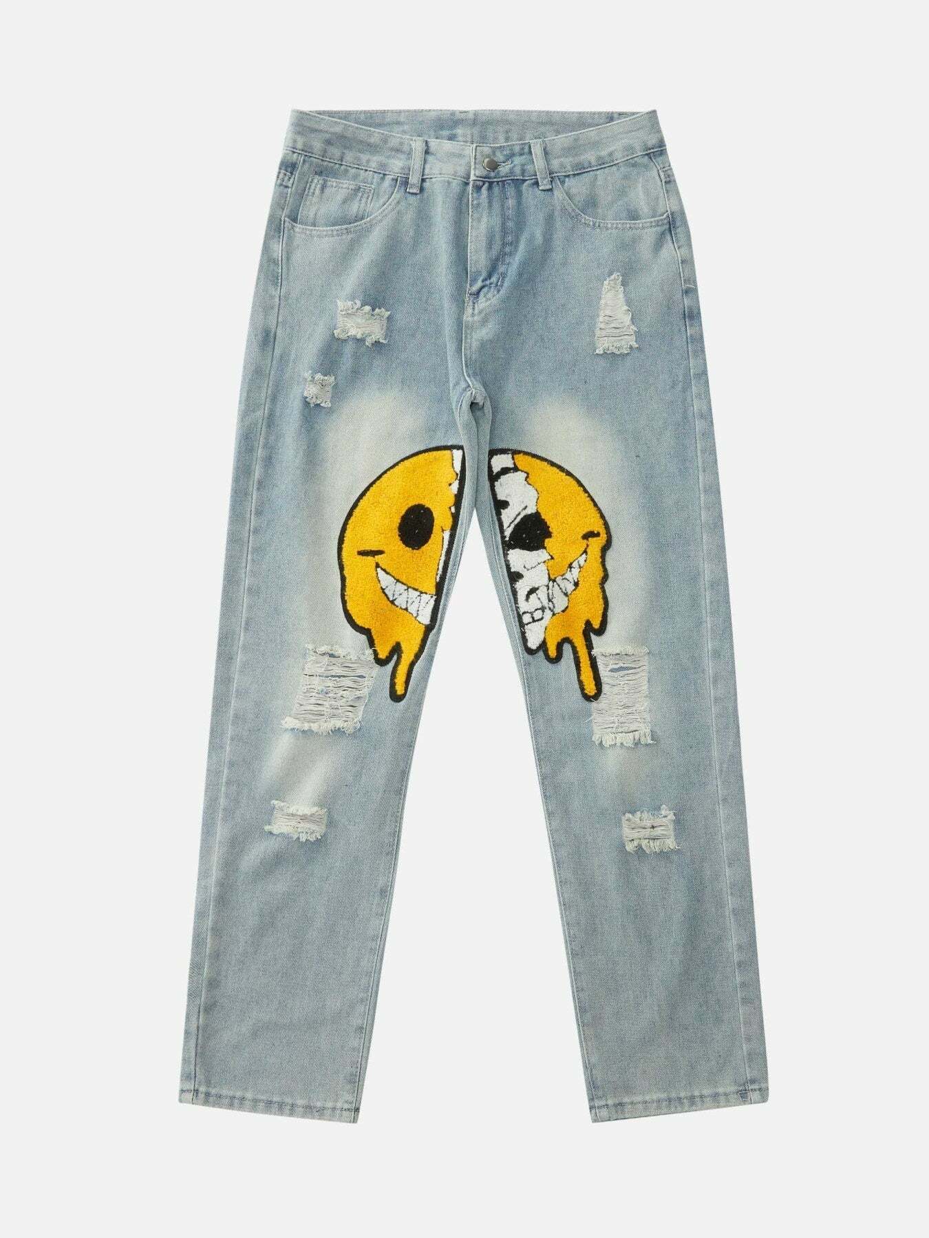 Y2K Smiley Face Embroidered Baggy Jeans - Trendy 90s Grunge Aesthetic for Summer Outfits