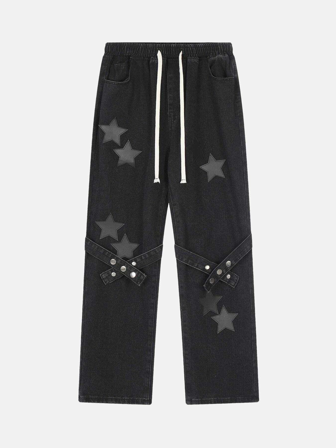 Y2K Star Embroidered Flutter Belt Wide Leg Jeans - Trendy Grunge & 90s Summer Outfit Essential