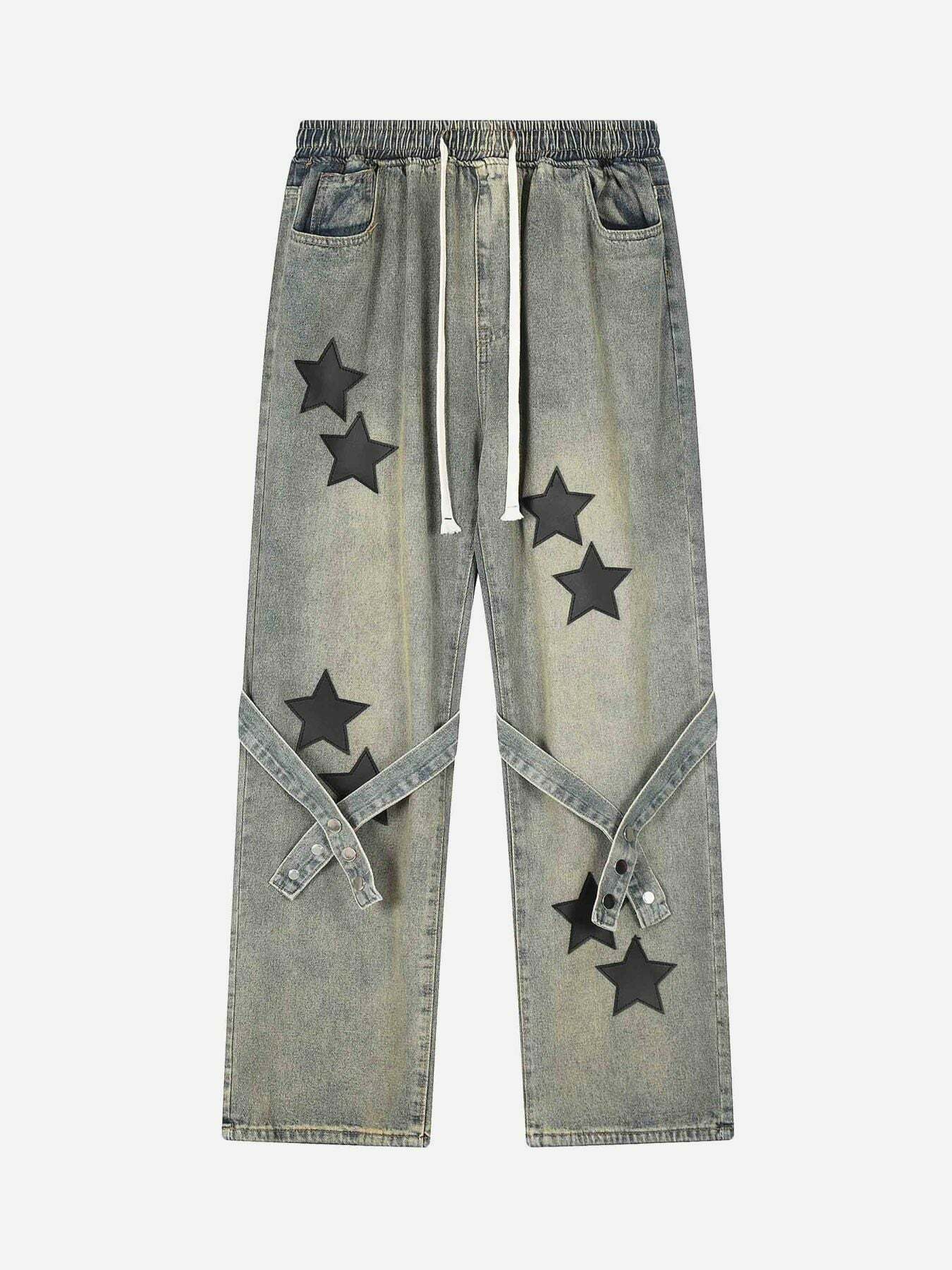 Y2K Star Embroidered Flutter Belt Wide Leg Jeans - Trendy Grunge & 90s Summer Outfit Essential