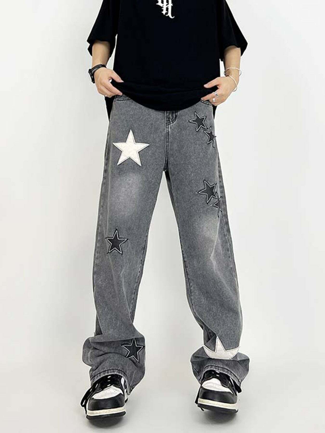 Y2K Star Patch Embroidery Baggy Jeans - Trendy 90s Grunge Style for Effortless Summer Outfits