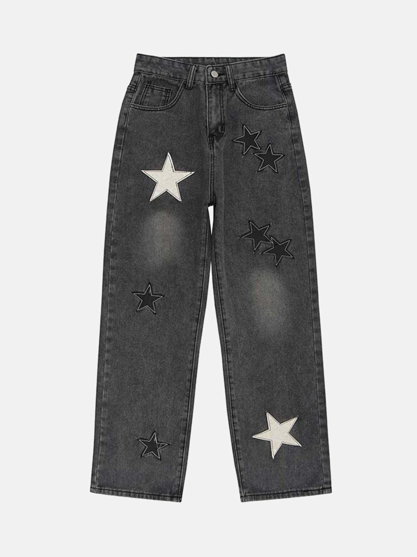 Y2K Star Patch Embroidery Baggy Jeans - Trendy 90s Grunge Style for Effortless Summer Outfits