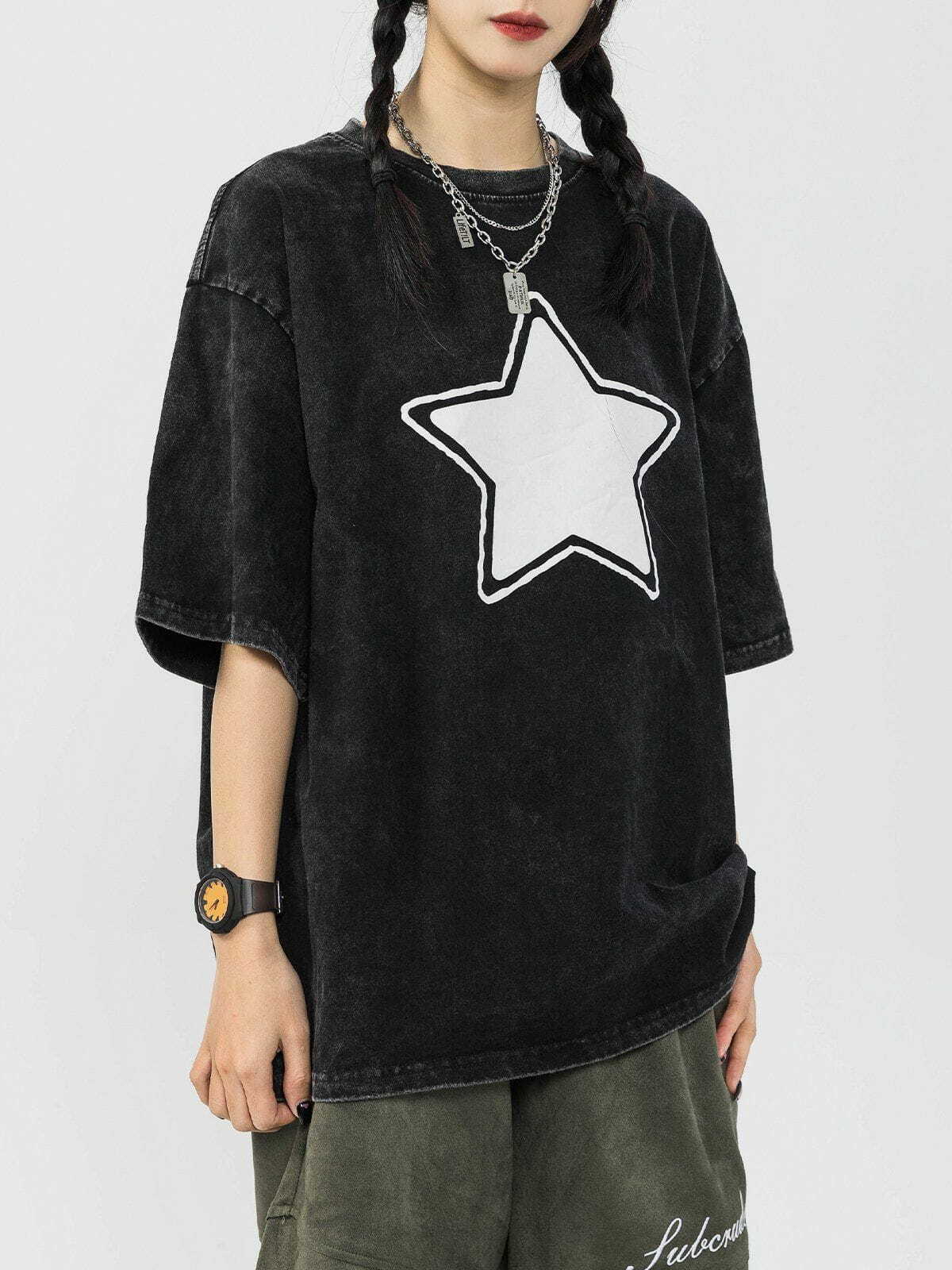 Y2K Star Print Washed Tee - Vintage 90s Grunge Aesthetic for Effortless Summer Style