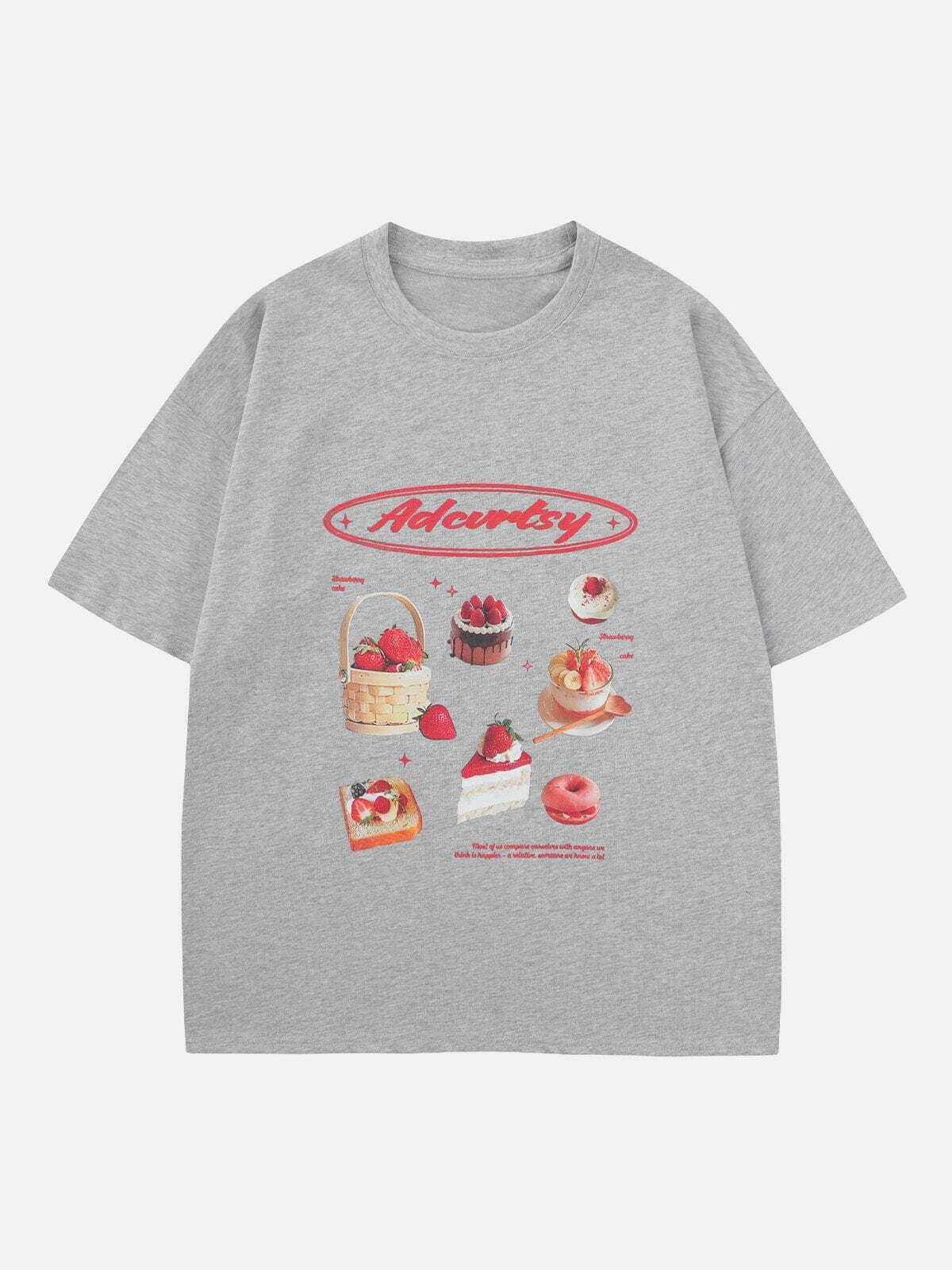 Y2K Strawberry Cake Print Tee - Cute Summer Outfit, Grunge Aesthetic, 90s Fashion Vibes