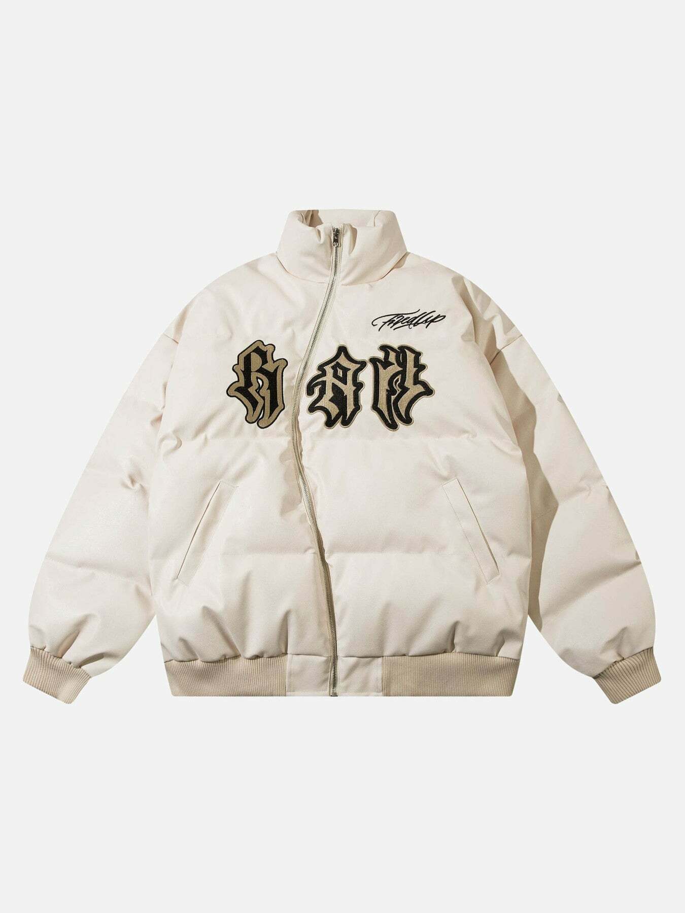 Y2K Street Style Embroidered Cotton Jacket with Diagonal Zipper - Grunge Aesthetic Outerwear