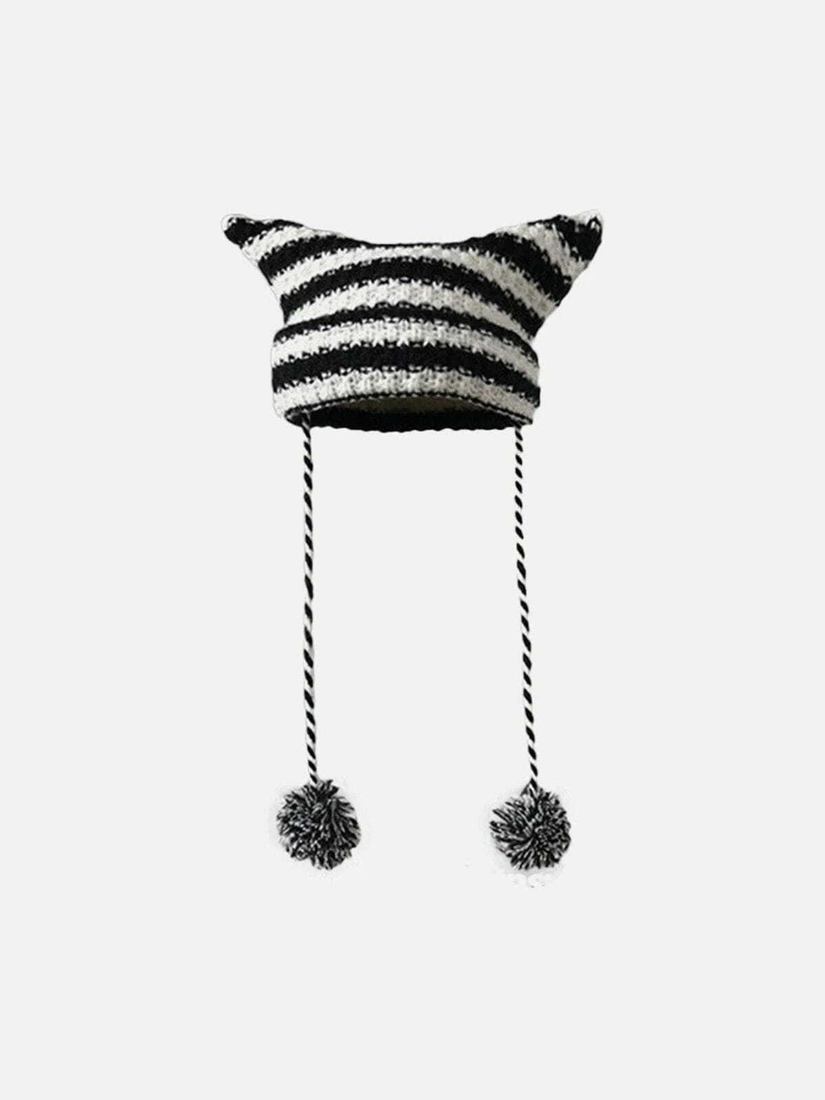 Y2K Striped Little Devil Cat Ear Hat - Trendy Grunge Aesthetic Accessory for Summer Outfits