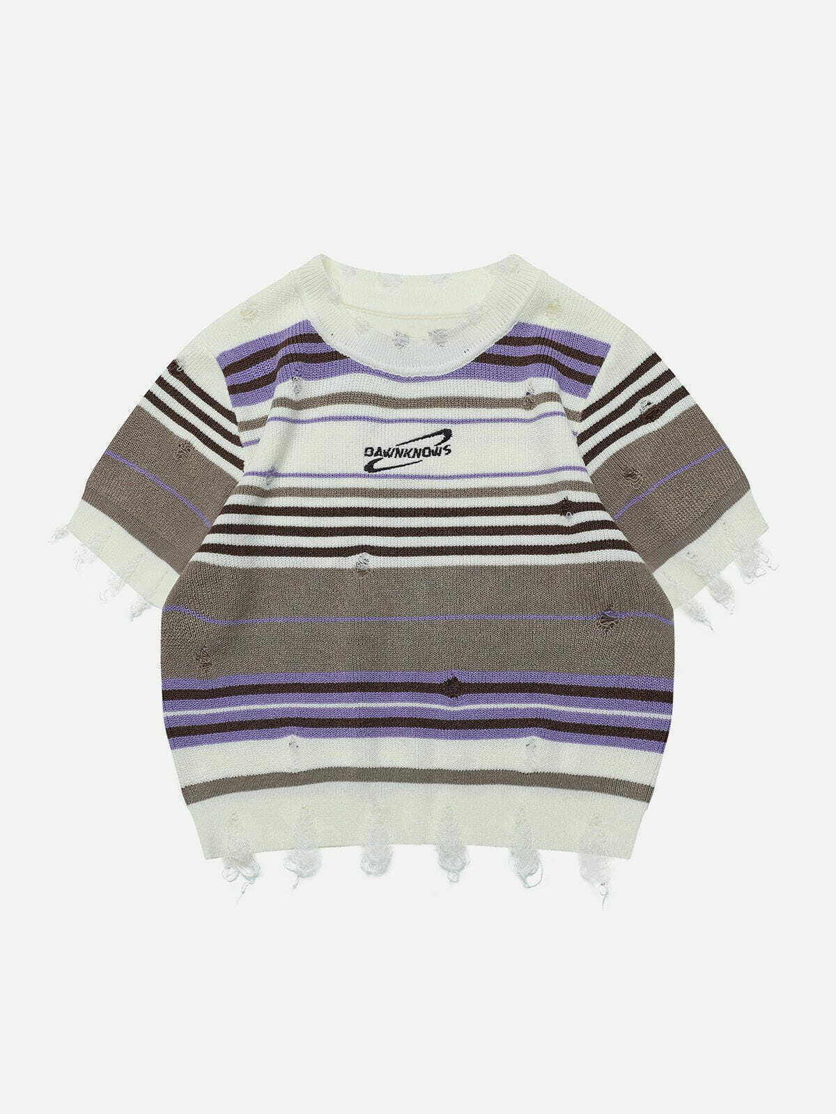 Y2K Striped Raw Edge Knit Tee - Trendy 90s Fashion Top for Grunge & Coquette Aesthetic Outfits