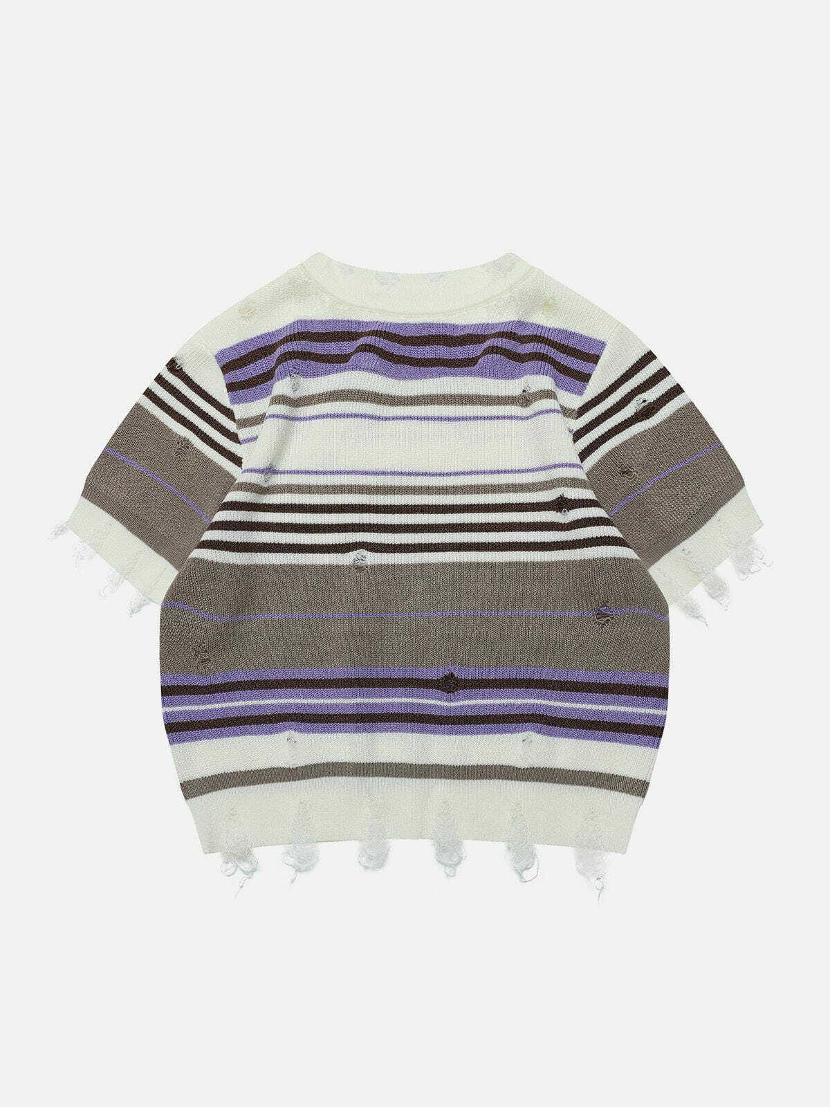 Y2K Striped Raw Edge Knit Tee - Trendy 90s Fashion Top for Grunge & Coquette Aesthetic Outfits