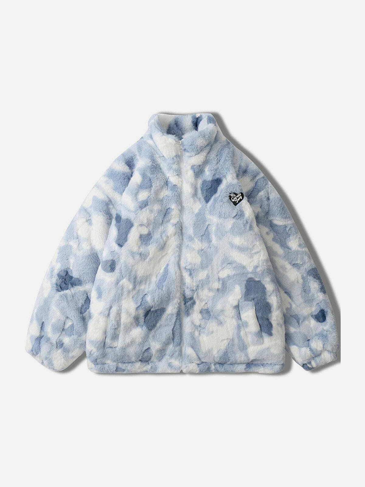 Y2K Tie-Dye Heart Sherpa Coat - Cozy Grunge Aesthetic Outerwear for Summer & Fall Outfits