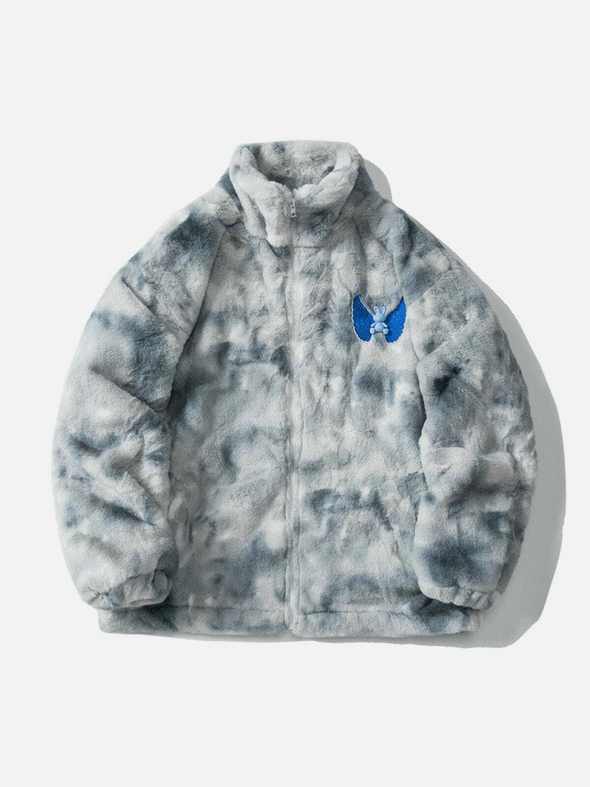 Y2K Tie Dye Sherpa Coat with Embroidered Wings - Perfect for Grunge and 2000s Fashion Lovers