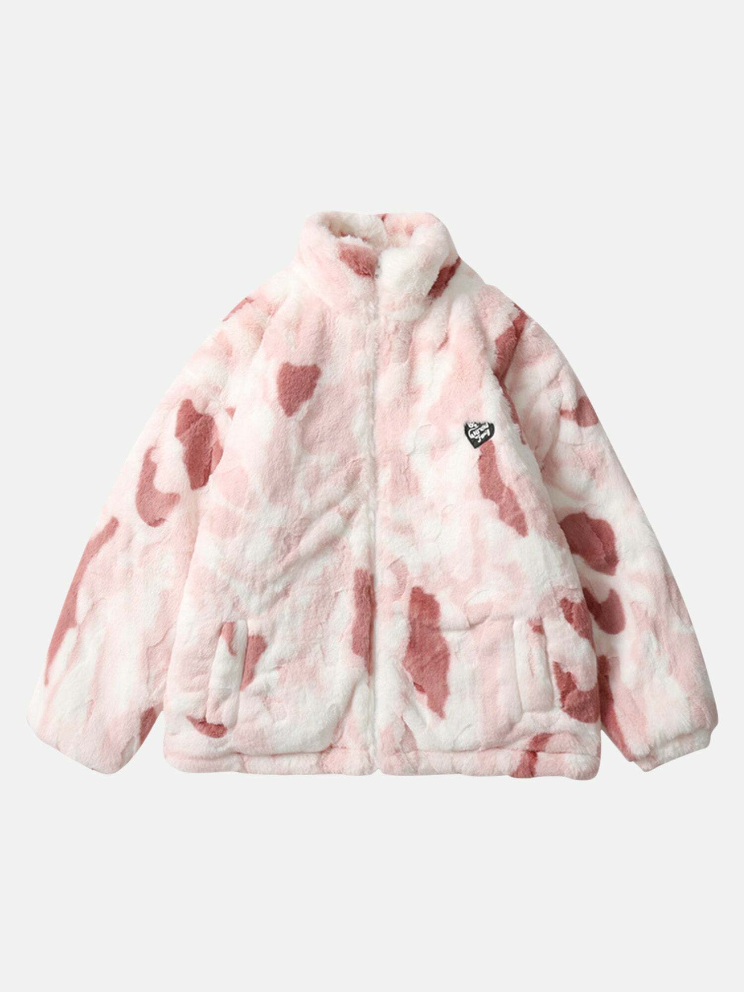 Y2K Tie-Dye Sherpa Jacket with Stand-up Collar for Grunge and 2000s Fashion Aesthetic