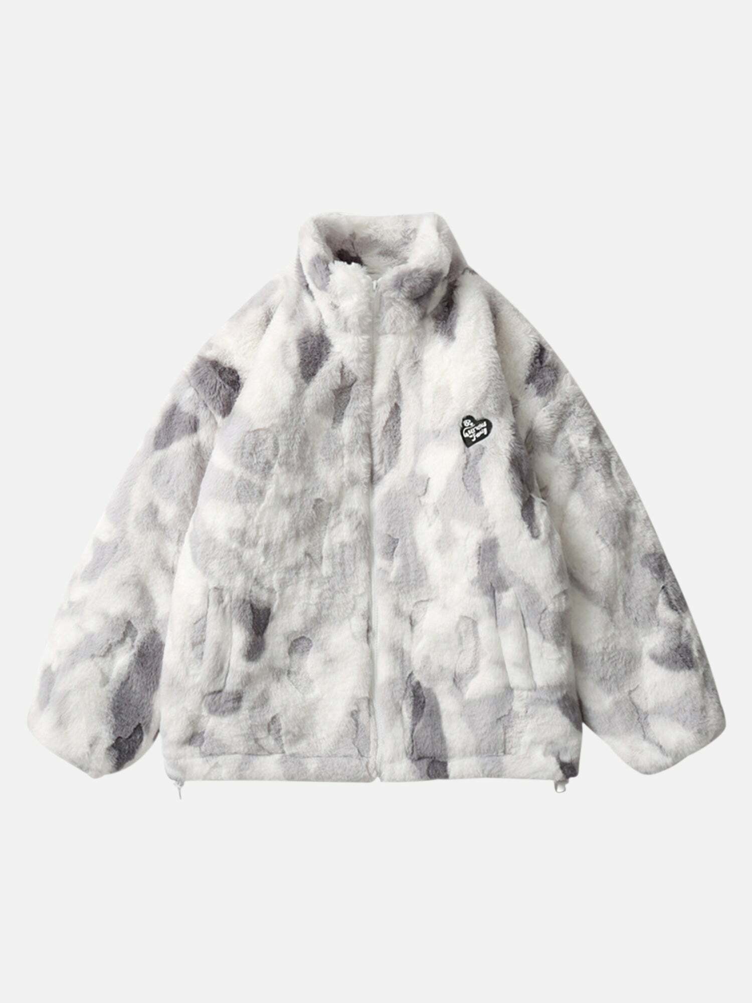 Y2K Tie-Dye Sherpa Jacket with Stand-up Collar for Grunge and 2000s Fashion Aesthetic