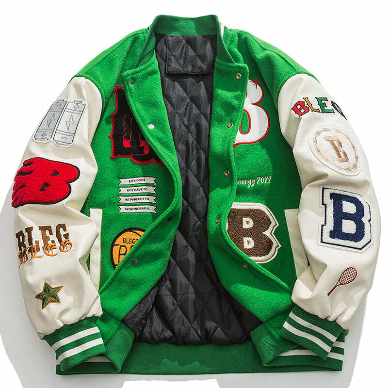 Y2K Varsity Jacket with Embroidery - Trendy 90s Grunge Style for Aesthetic Outfits