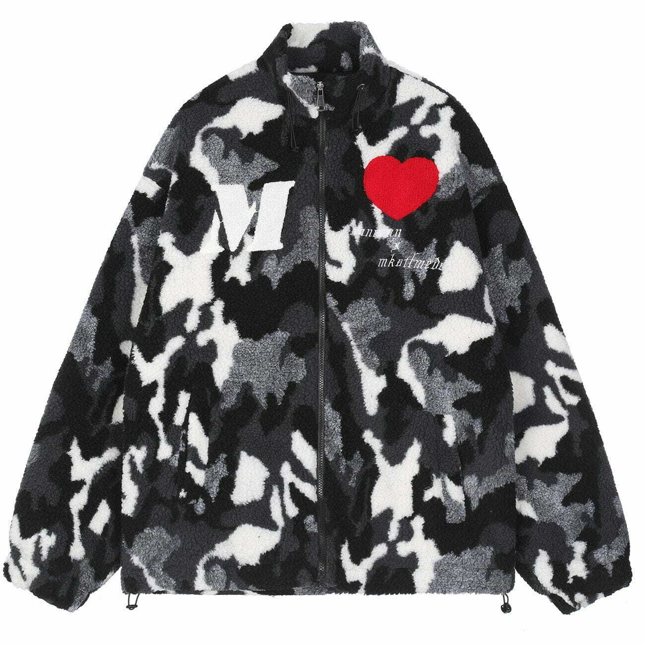 Y2K Vintage Camouflage Love Embroidery Sherpa Coat - Grunge Aesthetic Outerwear for Trendy Outfits