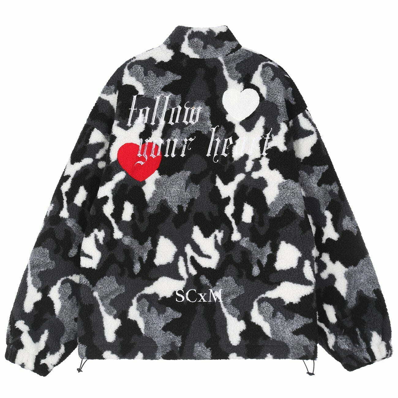 Y2K Vintage Camouflage Love Embroidery Sherpa Coat - Grunge Aesthetic Outerwear for Trendy Outfits