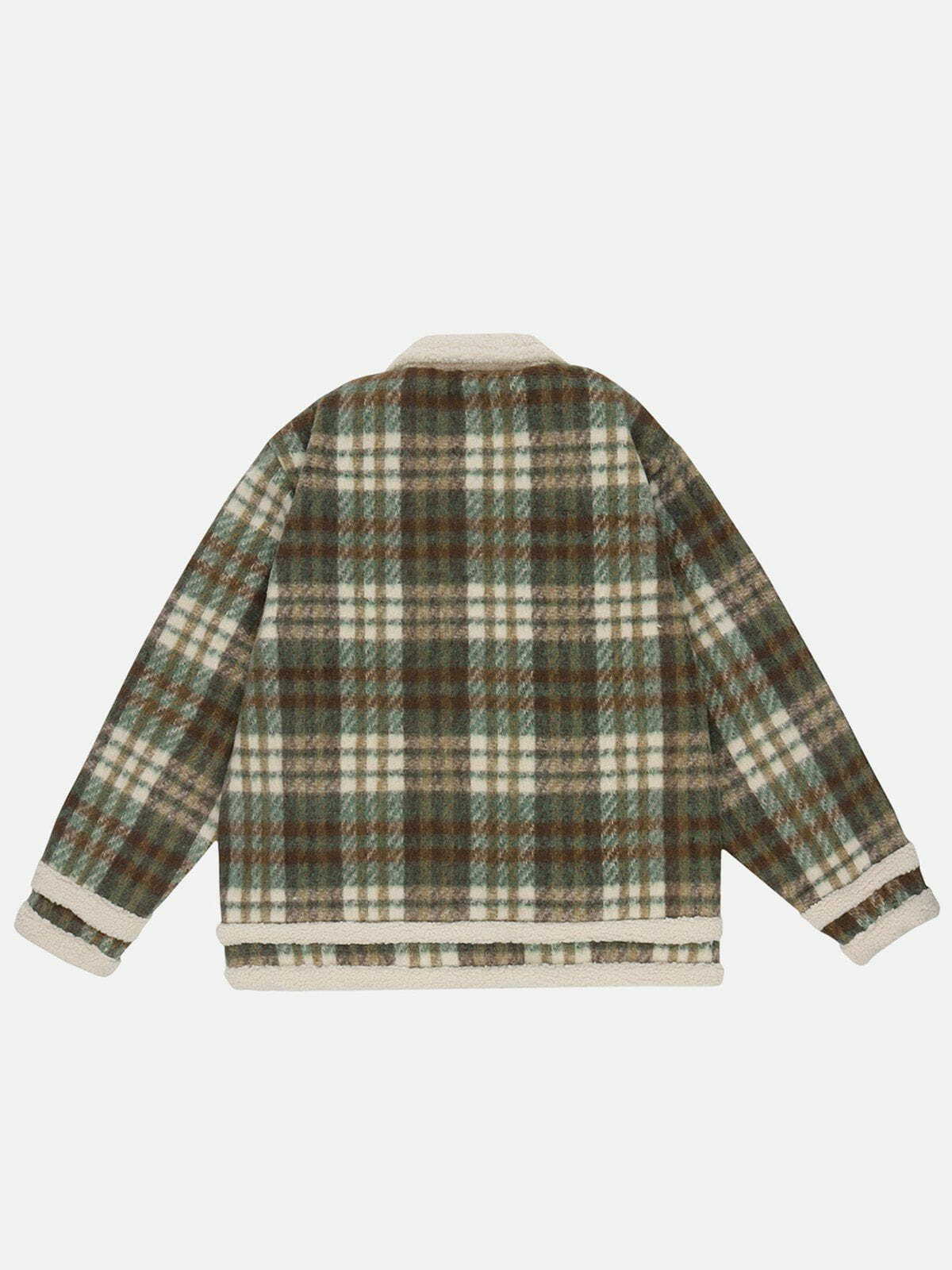 Y2K Vintage Check Sherpa Coat - Cozy Grunge Outerwear for 90s Fashion Lovers