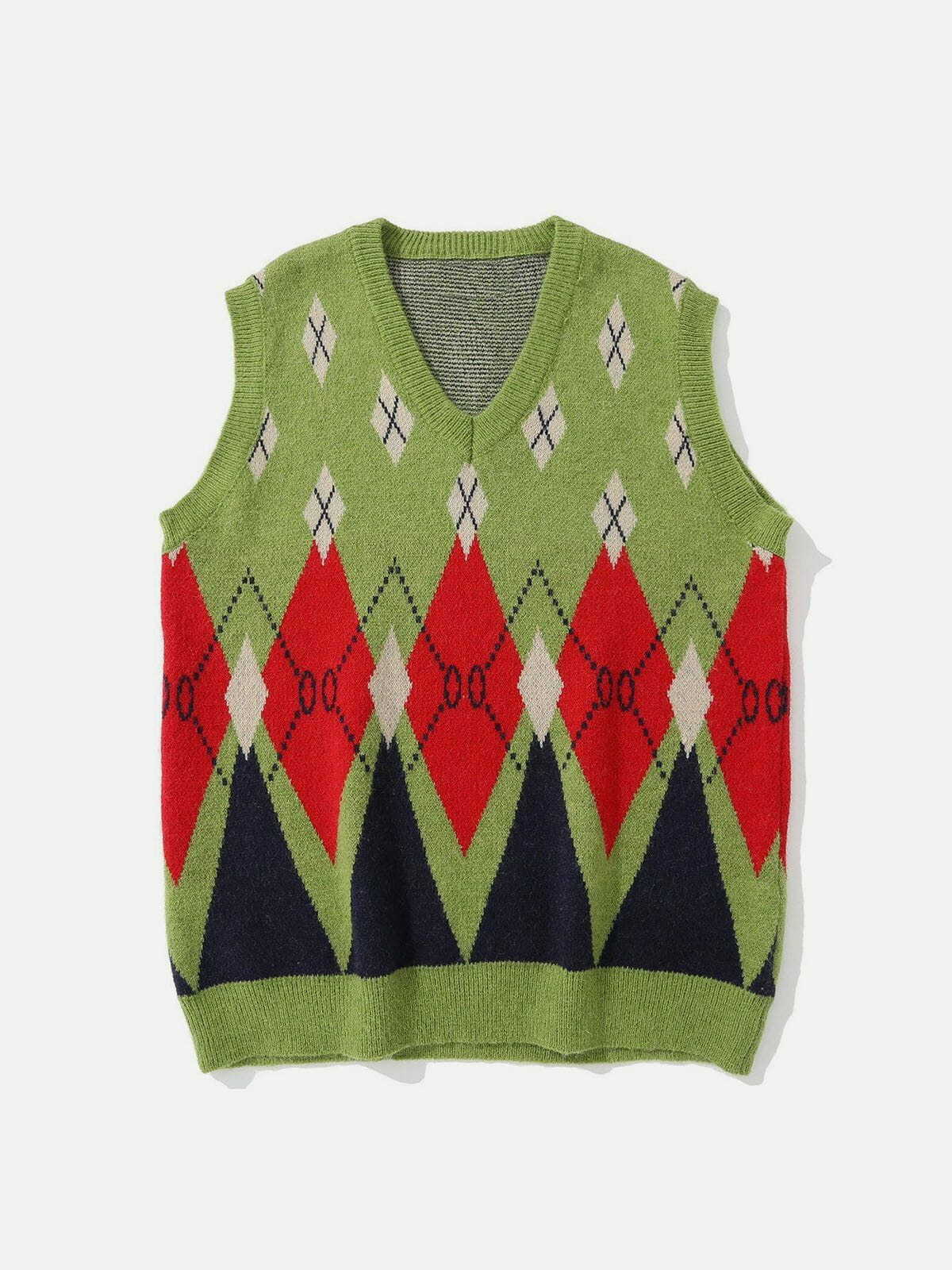 Y2K Vintage Diamond Knit Sweater Vest - 90s Grunge Aesthetic for Stylish Summer Outfits