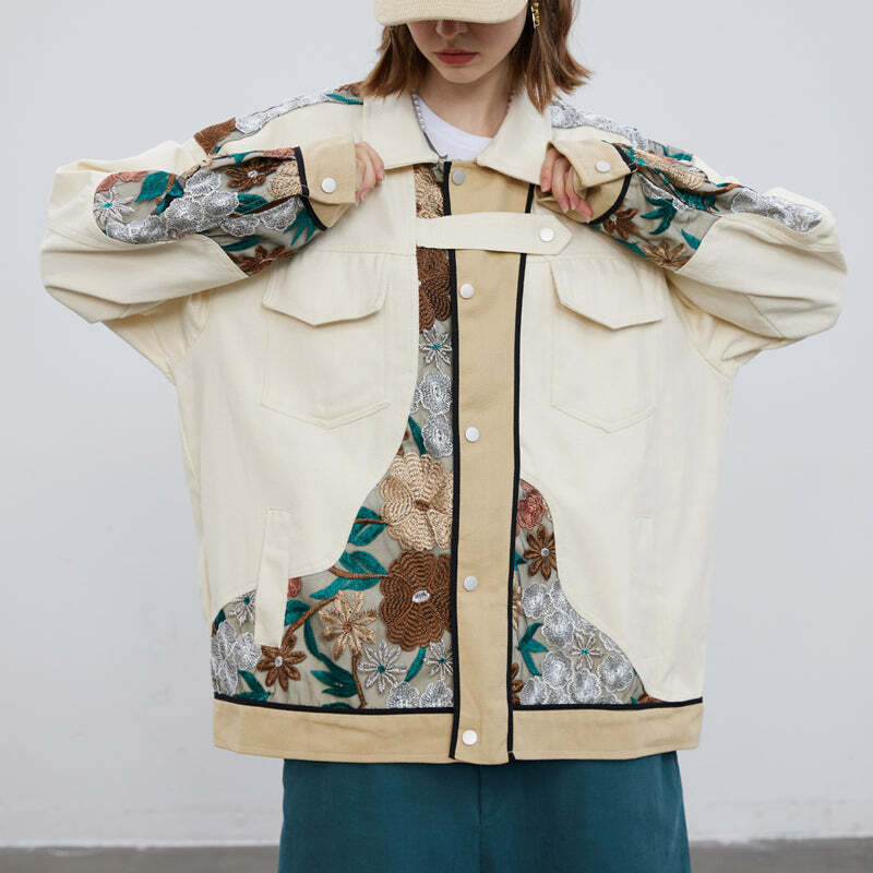 Y2K Vintage Floral Embroidery Jacket - Grunge Aesthetic Outerwear for 90s Fashion Lovers