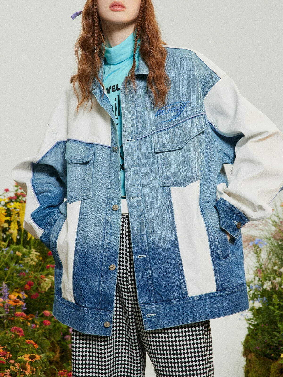 Y2K Vintage Gradient Denim Stitching Jacket - 90s Grunge Aesthetic Outerwear for Trendy Outfits