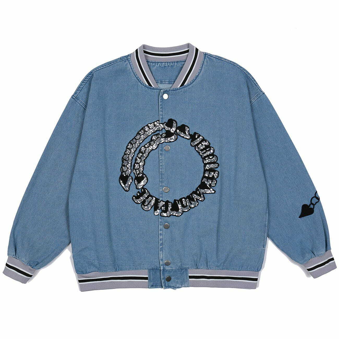 Y2K Vintage Heart Chain Embroidery Varsity Jacket - 90s Grunge Aesthetic Fashion Statement