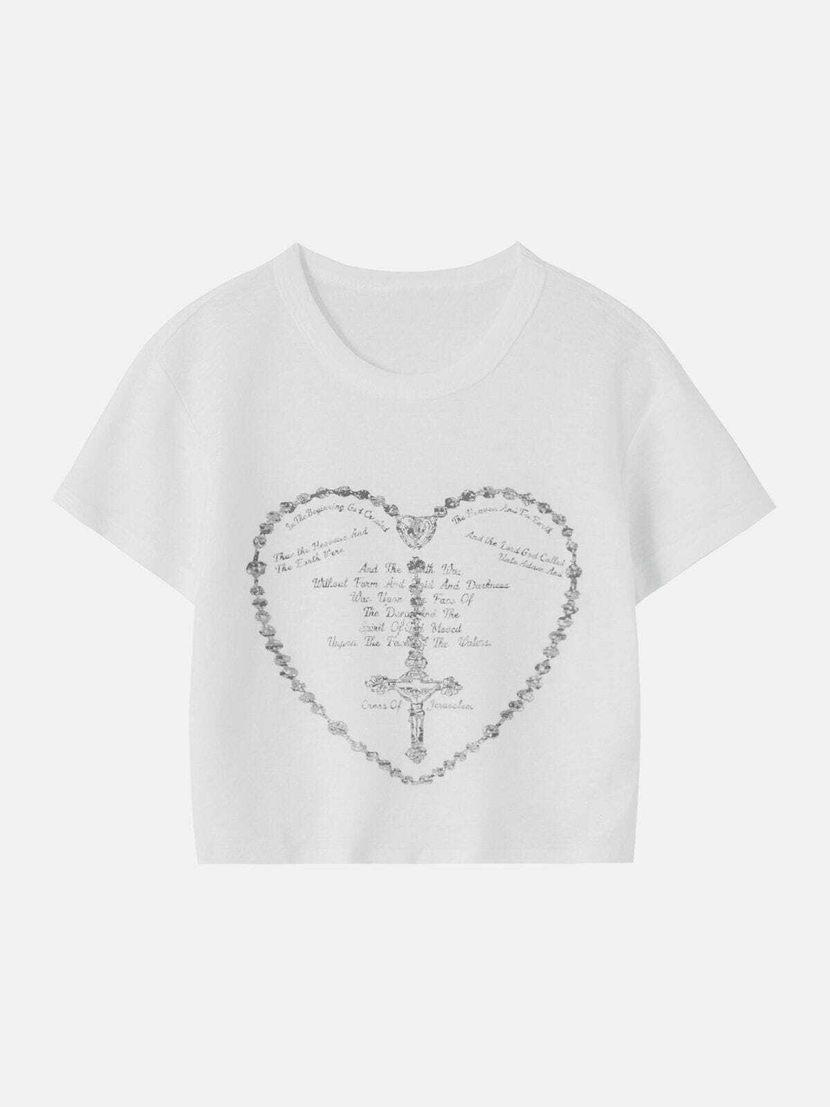 Y2K Vintage Heart Print Tee - Cute Grunge Aesthetic Top for Summer Outfits & 90s Style Looks