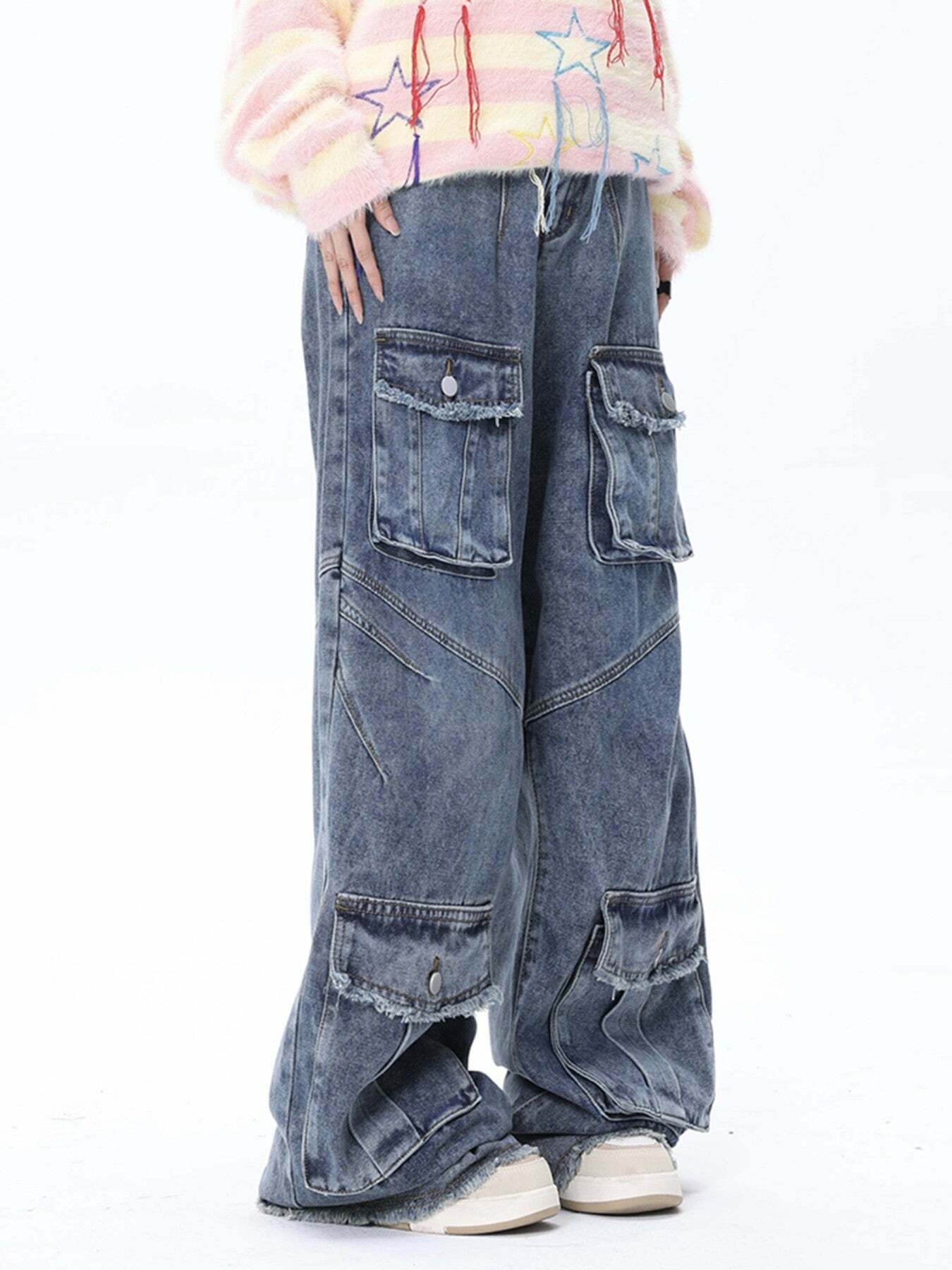 Y2K Vintage Multi-Pocket Cargo Jeans for Grunge Aesthetic & 90s Fashion Outfits