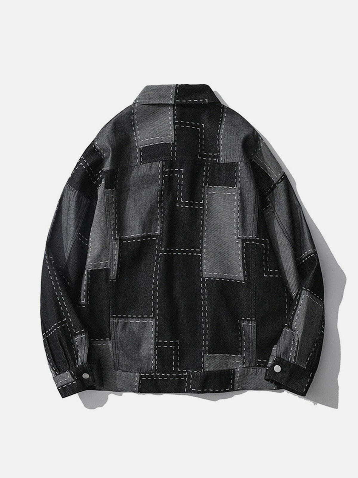 Y2K Vintage Plaid Denim Jacket with Irregular Stitching for Grunge and 90s Aesthetic Outfits