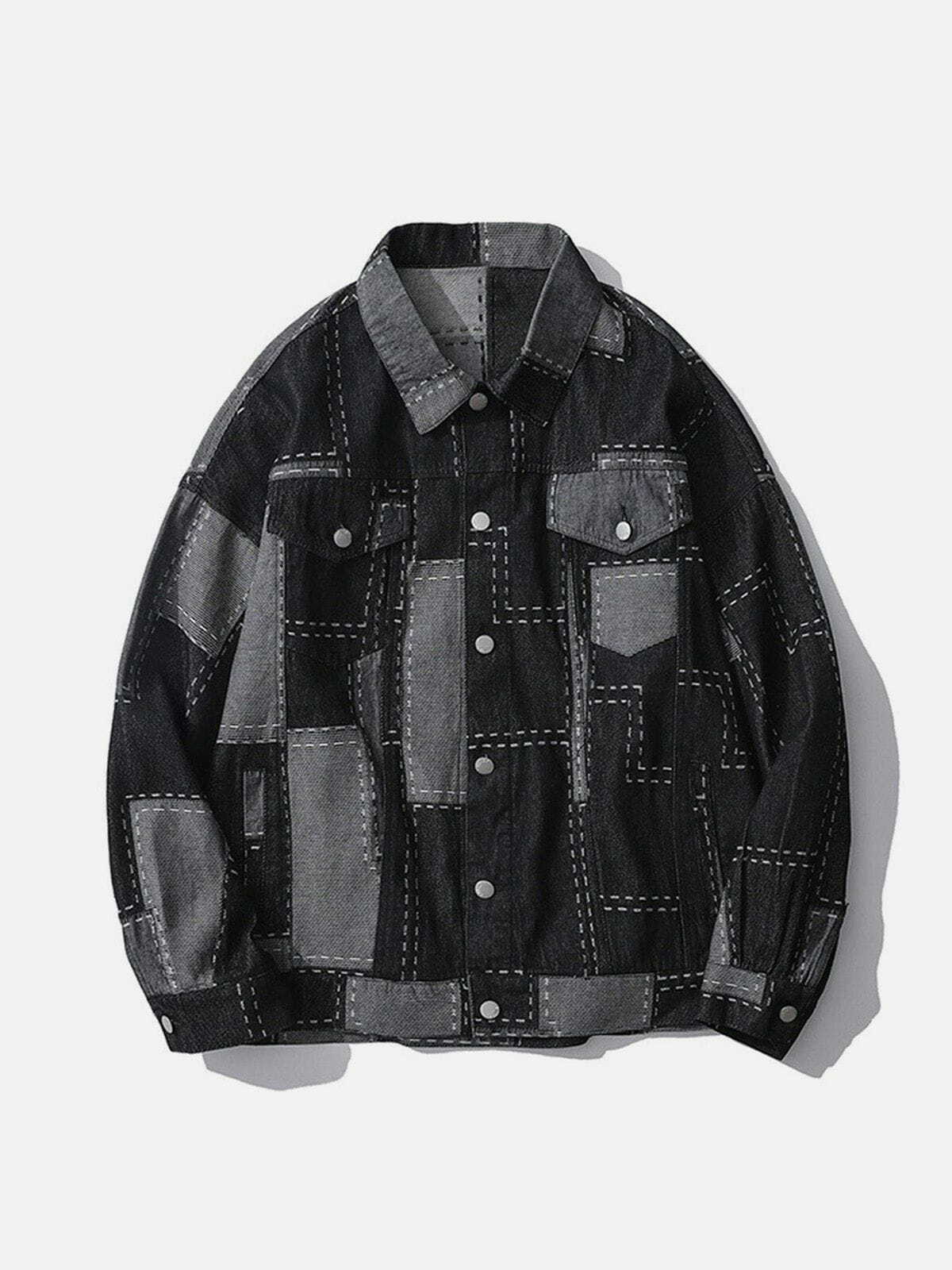 Y2K Vintage Plaid Denim Jacket with Irregular Stitching for Grunge and 90s Aesthetic Outfits