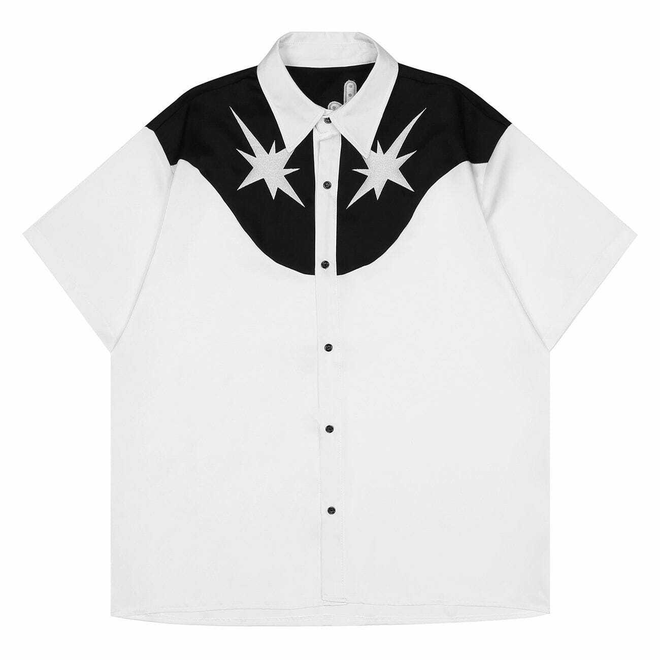 Y2K Vintage Stars Embroidery Patchwork Short Sleeve Shirt - Retro 90s Grunge Aesthetic Top