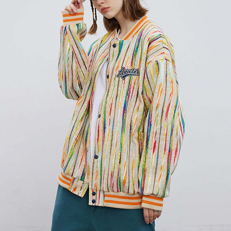 Y2K Vintage Striped Woolen Jacket - 90s Grunge Aesthetic Outerwear for Trendy Outfits