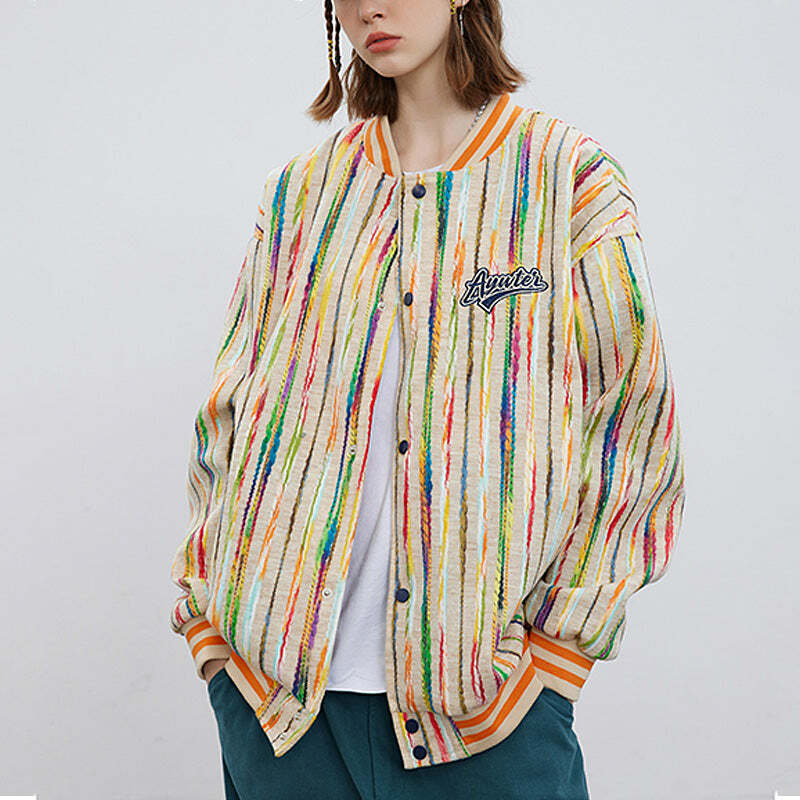 Y2K Vintage Striped Woolen Jacket - 90s Grunge Aesthetic Outerwear for Trendy Outfits