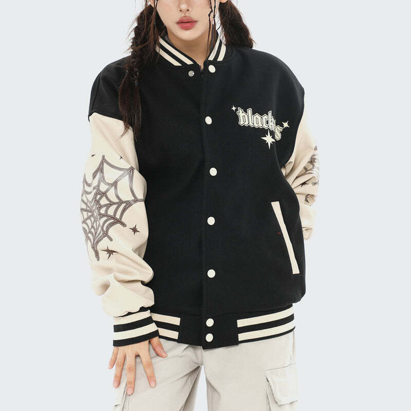 Y2K Vintage Varsity Jacket with Spider Web Print - Grunge Aesthetic Outerwear for Trendy Outfits