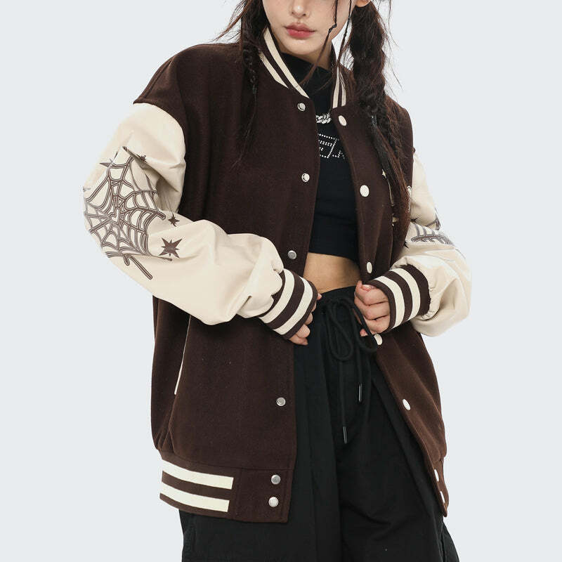 Y2K Vintage Varsity Jacket with Spider Web Print - Grunge Aesthetic Outerwear for Trendy Outfits