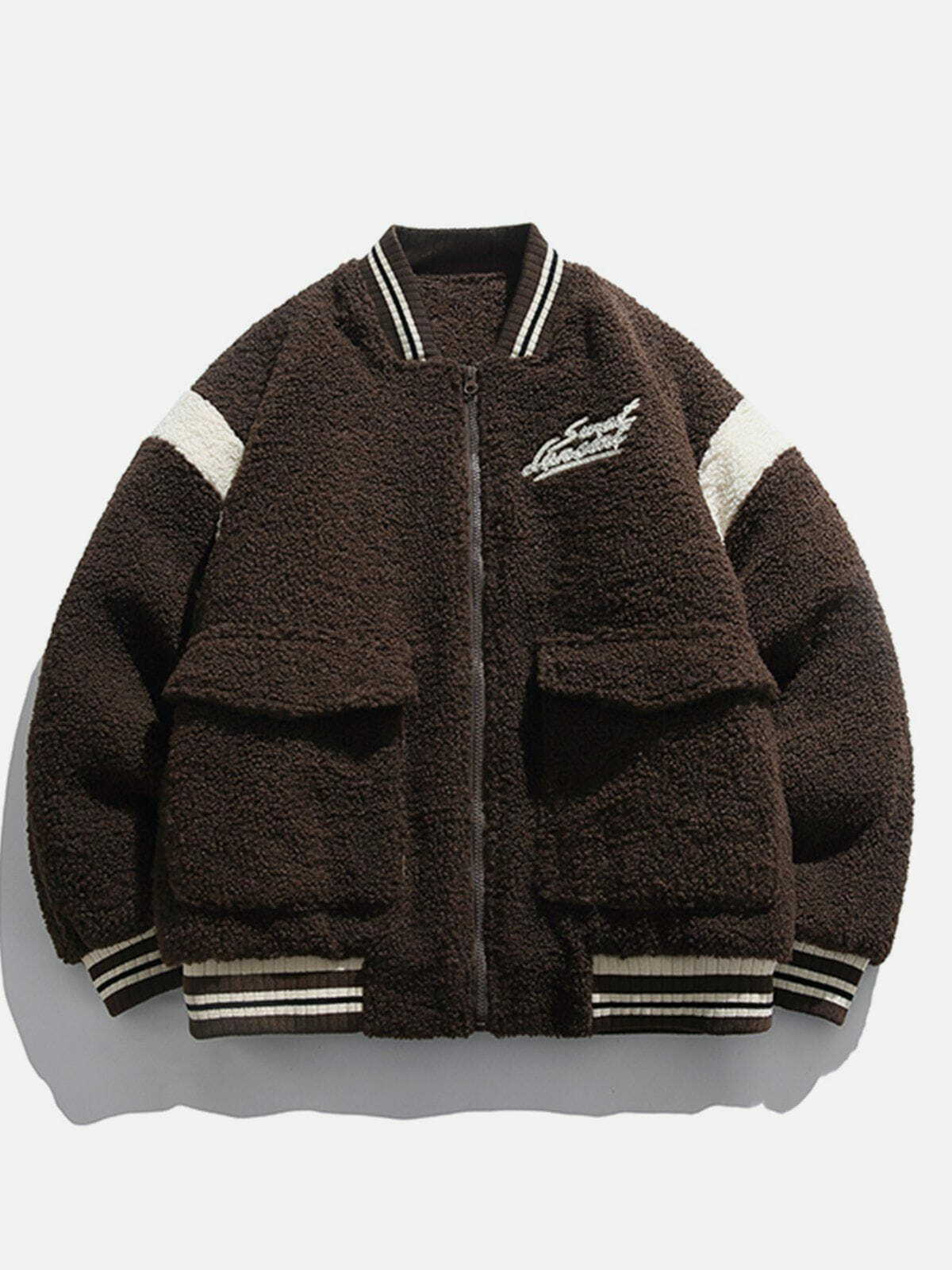 Y2K Vintage Varsity Sherpa Coat - Cozy 90s Grunge Style for Effortless Winter Aesthetic